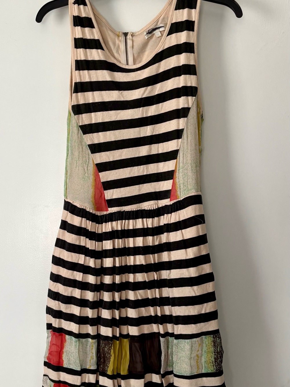 Anthropologie Striped Black and Cream Midi Dress with Coral and Lime Panels